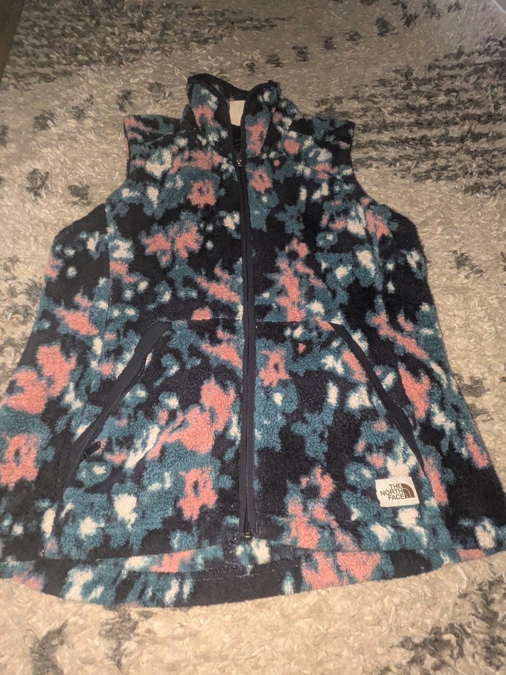 The North Face Navy Blue Floral Fleece Vest with Pink & Teal Accents
